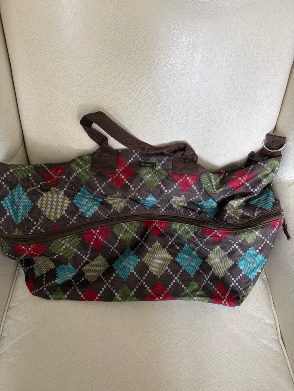 Argyle Pattern Travel Tote Bag in Brown, Teal & Red